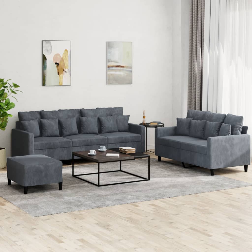 Set Di Divani 3 Pz Con Cuscini Grigio Scuro In Velluto