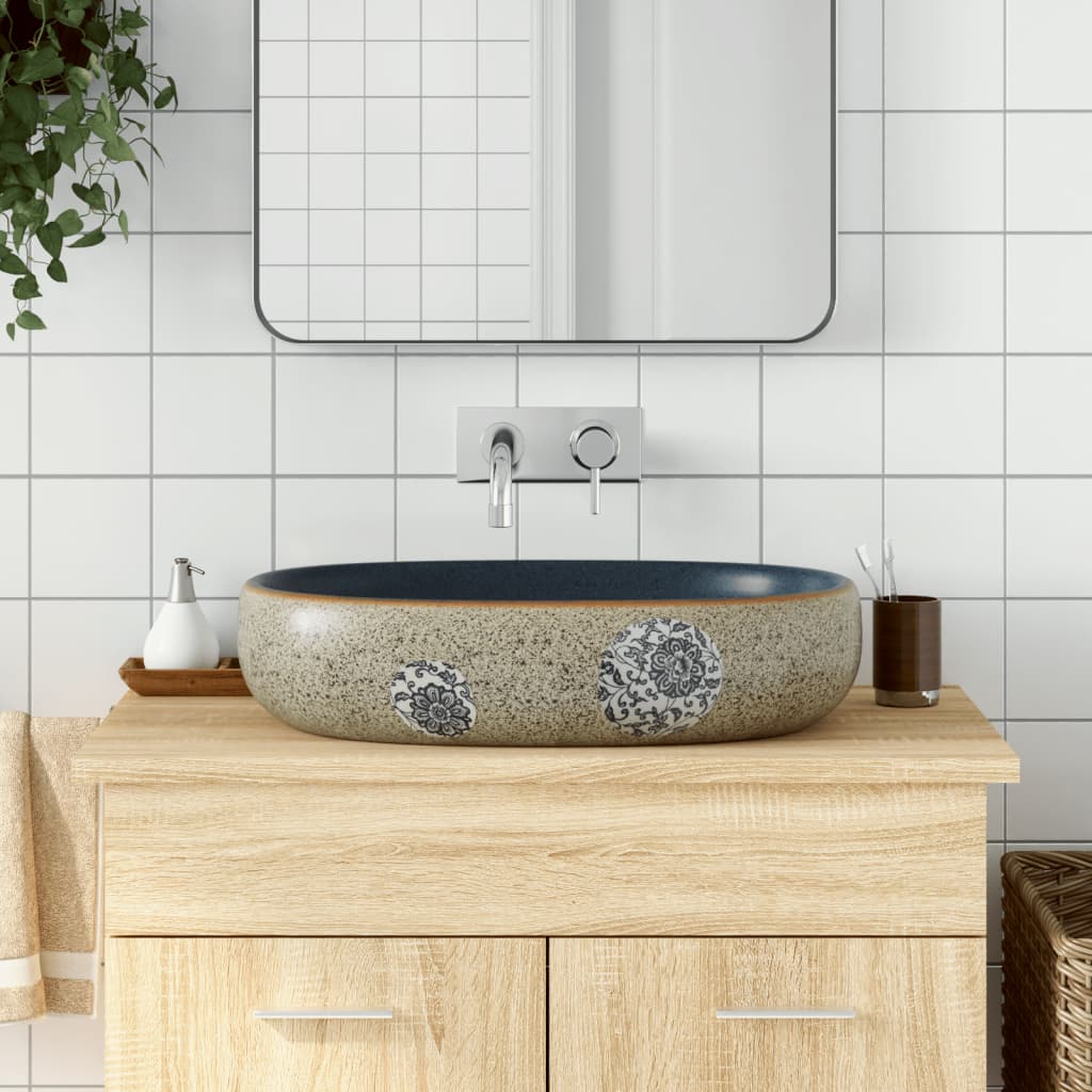 Lavabo Da Appoggio Sabbia E Blu Ovale 59x40x14 Cm Ceramica