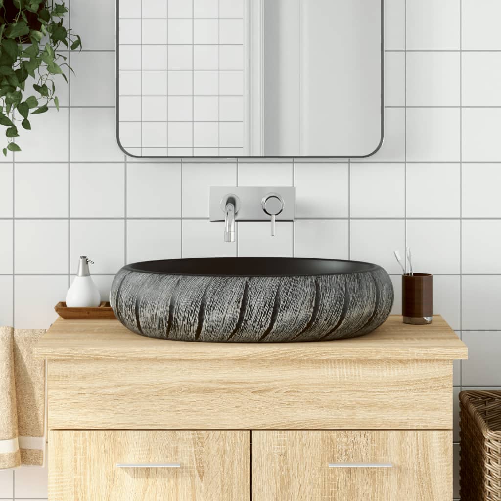 Lavabo Da Appoggio Nero E Grigio Ovale 59x40x15 Cm Ceramica