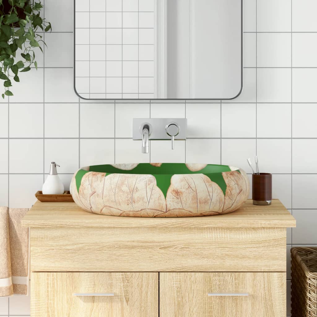 Lavabo Da Appoggio Verde E Marrone Ovale 59x40x15 Cm Ceramica