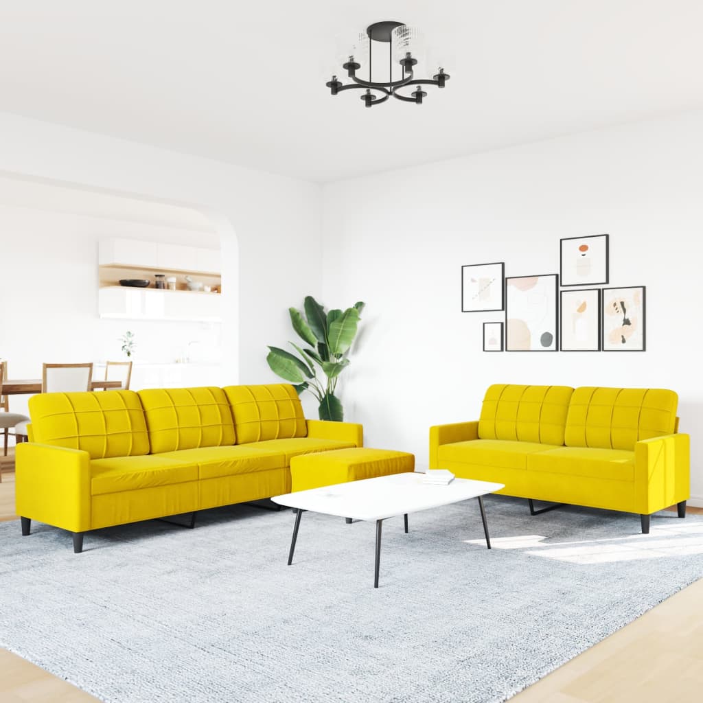Set Di Divani 3 Pz Con Cuscini Giallo In Velluto - Image 3