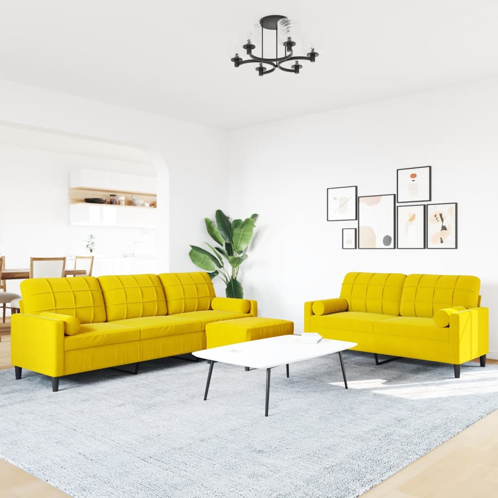 Set Di Divani 3 Pz Con Cuscini E Rinforzi Giallo In Velluto - Image 3
