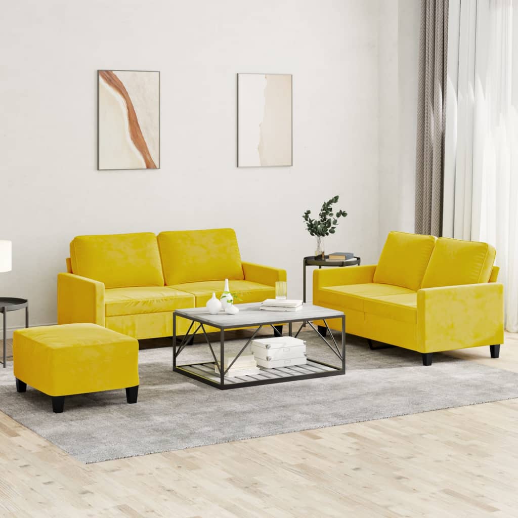 Set Di Divani 3 Pz Con Cuscini Giallo In Velluto