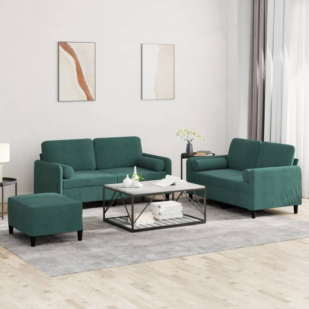 Set Di Divani 3 Pz Con Cuscini Verde Scuro In Velluto