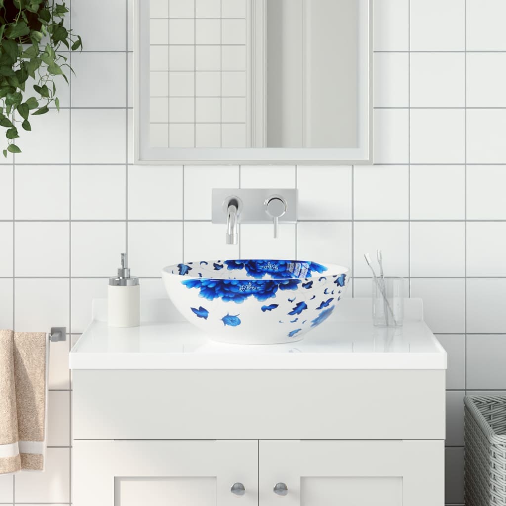 Lavabo Da Appoggio Bianco E Blu Rotondo F41x14 Cm Ceramica