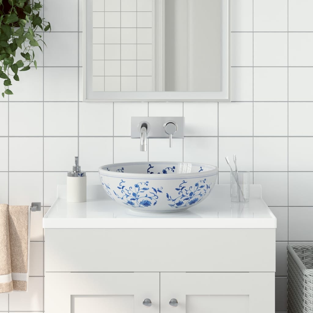 Lavabo Da Appoggio Bianco E Blu Rotondo F41x14 Cm Ceramica