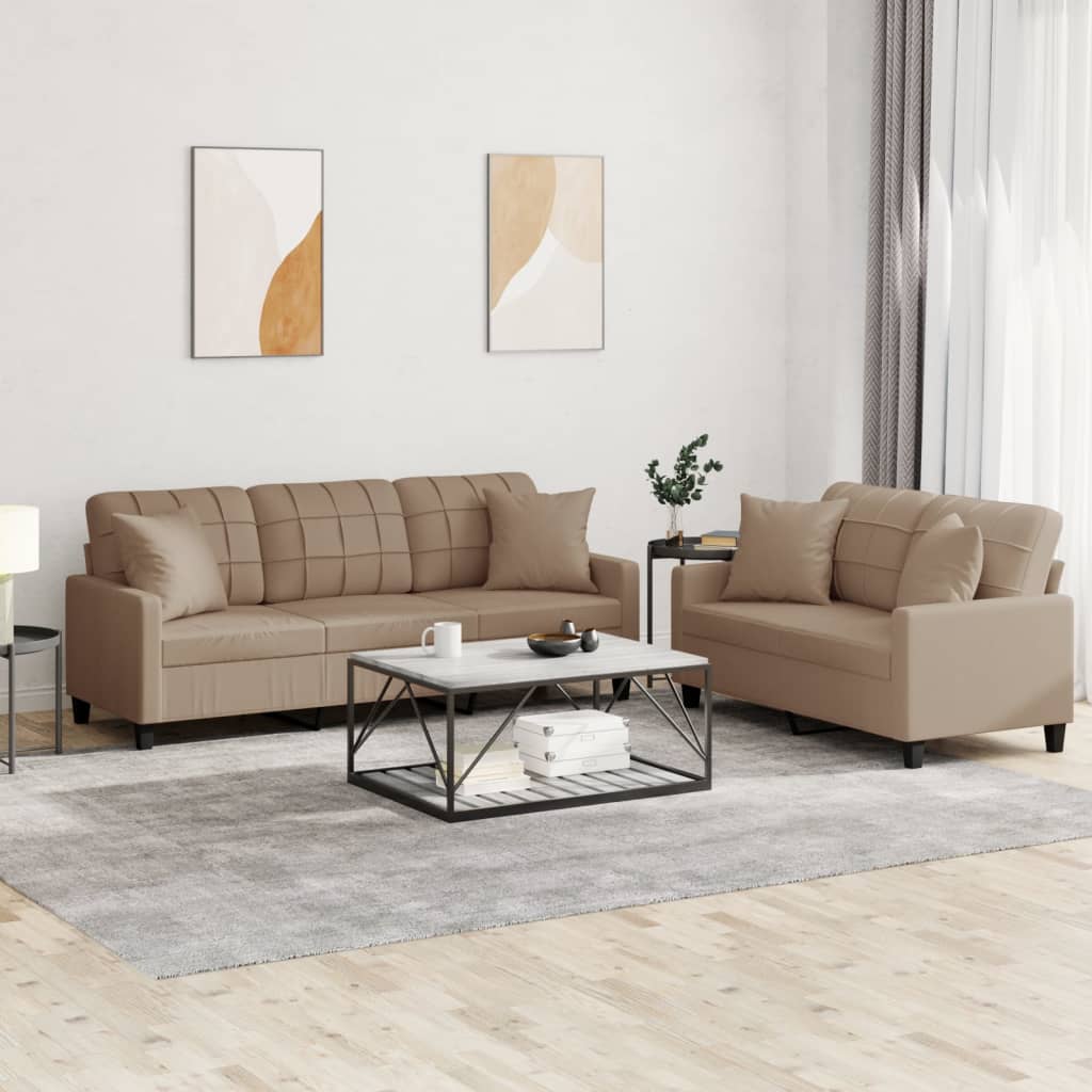 Set Di Divani 2 Pz Con Cuscini Cappuccino In Similpelle