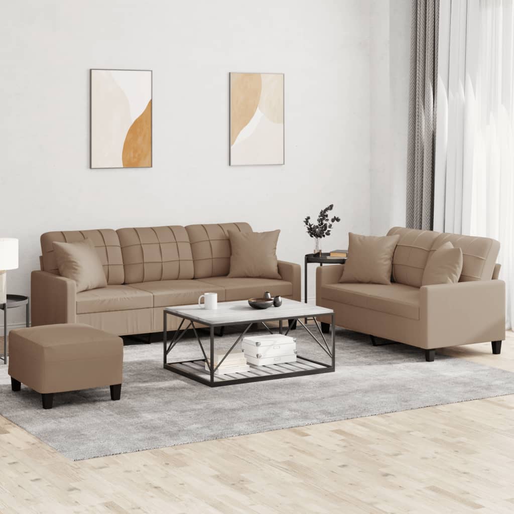 Set Di Divani 3 Pz Con Cuscini Cappuccino In Similpelle