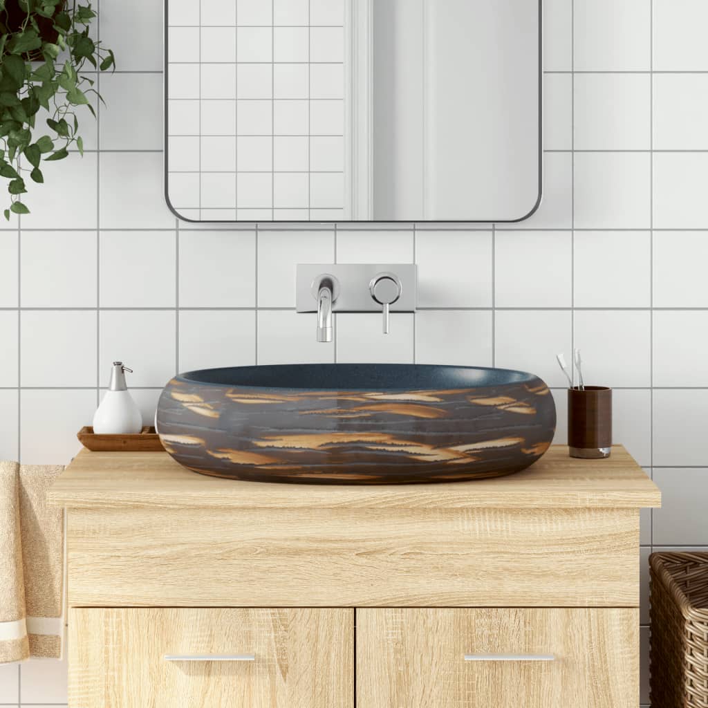 Lavabo Da Appoggio Marrone E Blu Ovale 59x40x15 Cm Ceramica