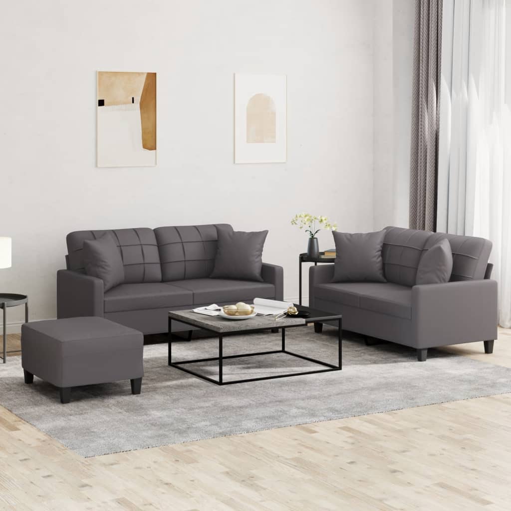 Set Di Divani 3 Pz Con Cuscini Grigio In Similpelle