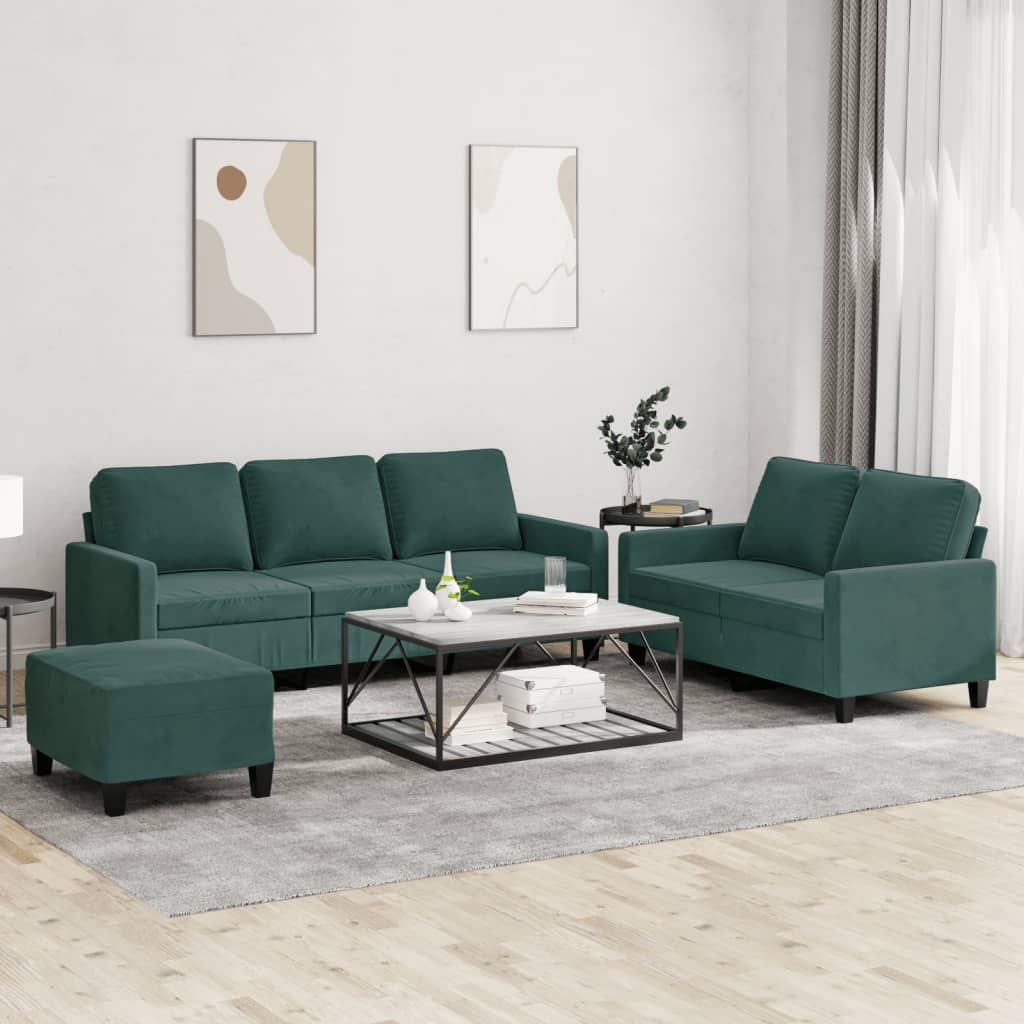 Set Di Divani 3 Pz Con Cuscini Verde Scuro In Velluto