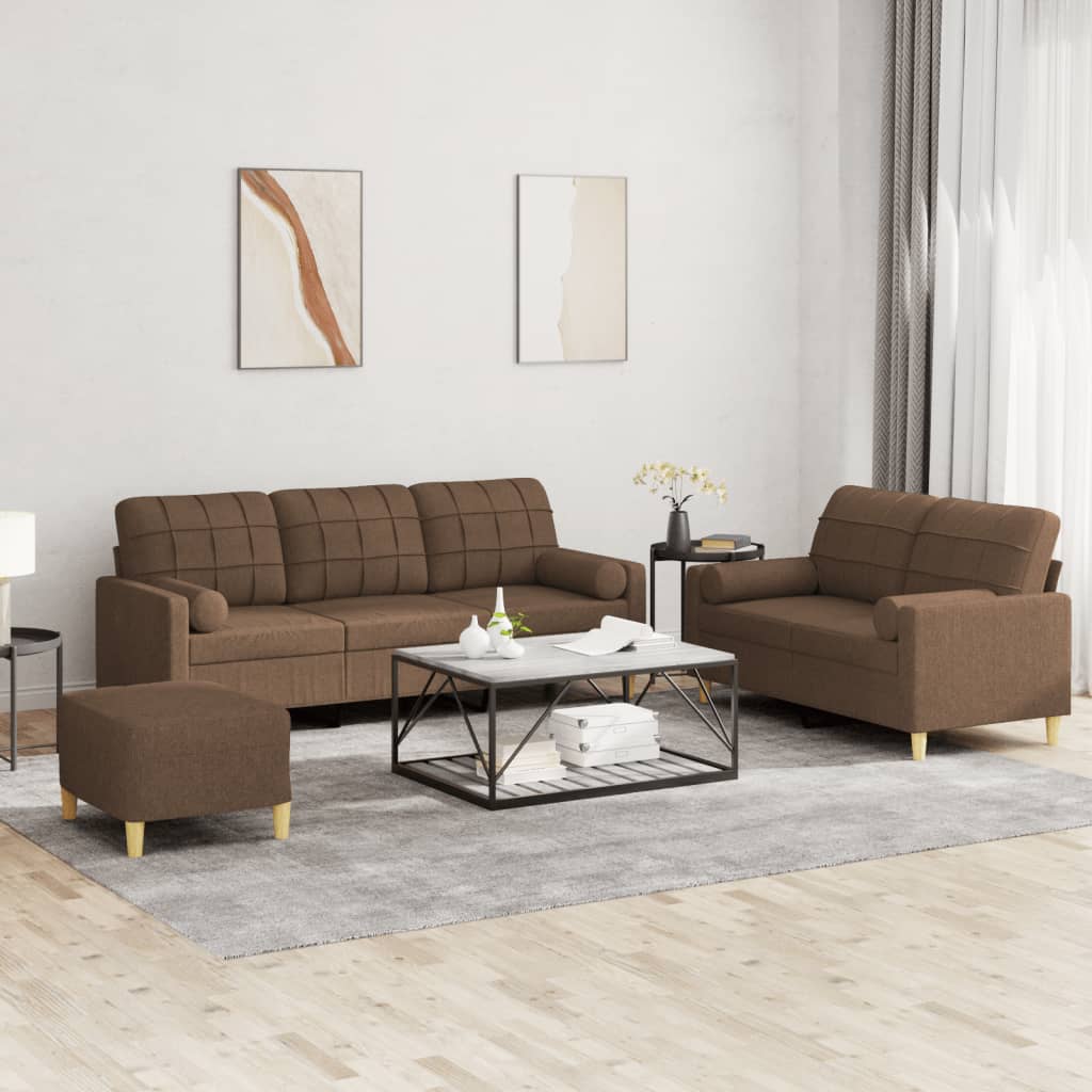 Set Di Divani 3 Pz Con Cuscini Marrone In Tessuto