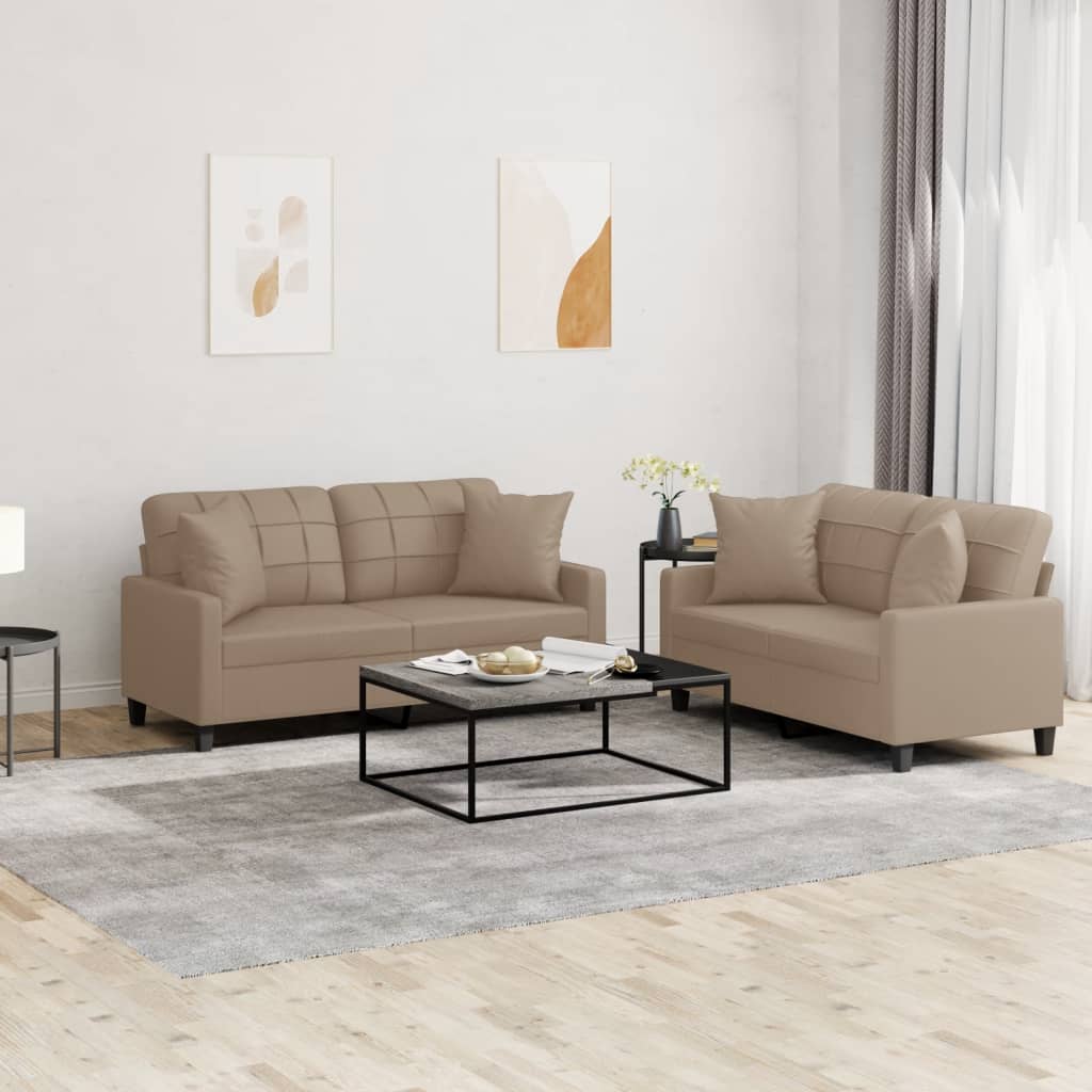 Set Di Divani 2 Pz Con Cuscini Cappuccino In Similpelle