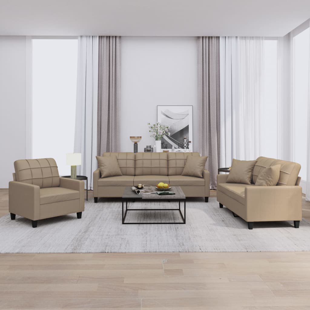 Set Di Divani 3 Pz Con Cuscini Cappuccino In Similpelle