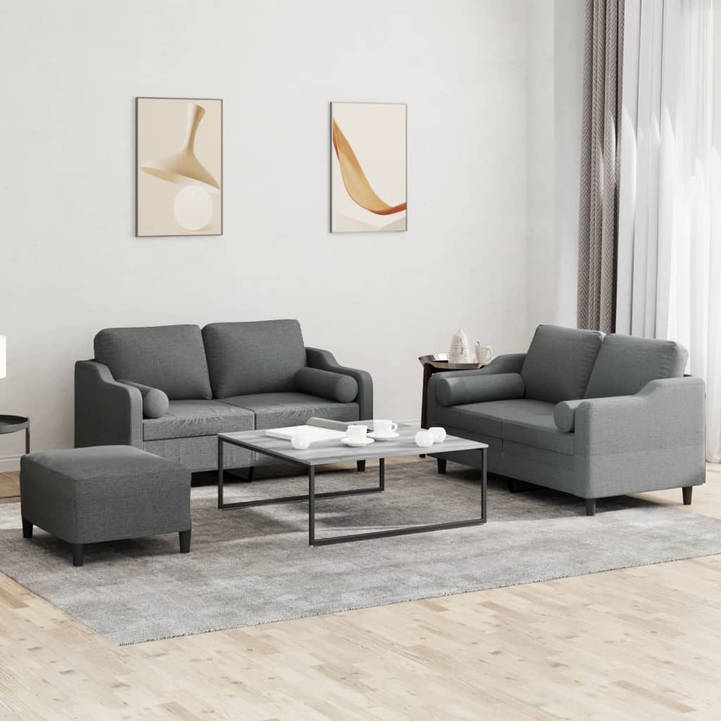 Set Di Divani 3 Pz Con Cuscini Grigio Scuro In Tessuto