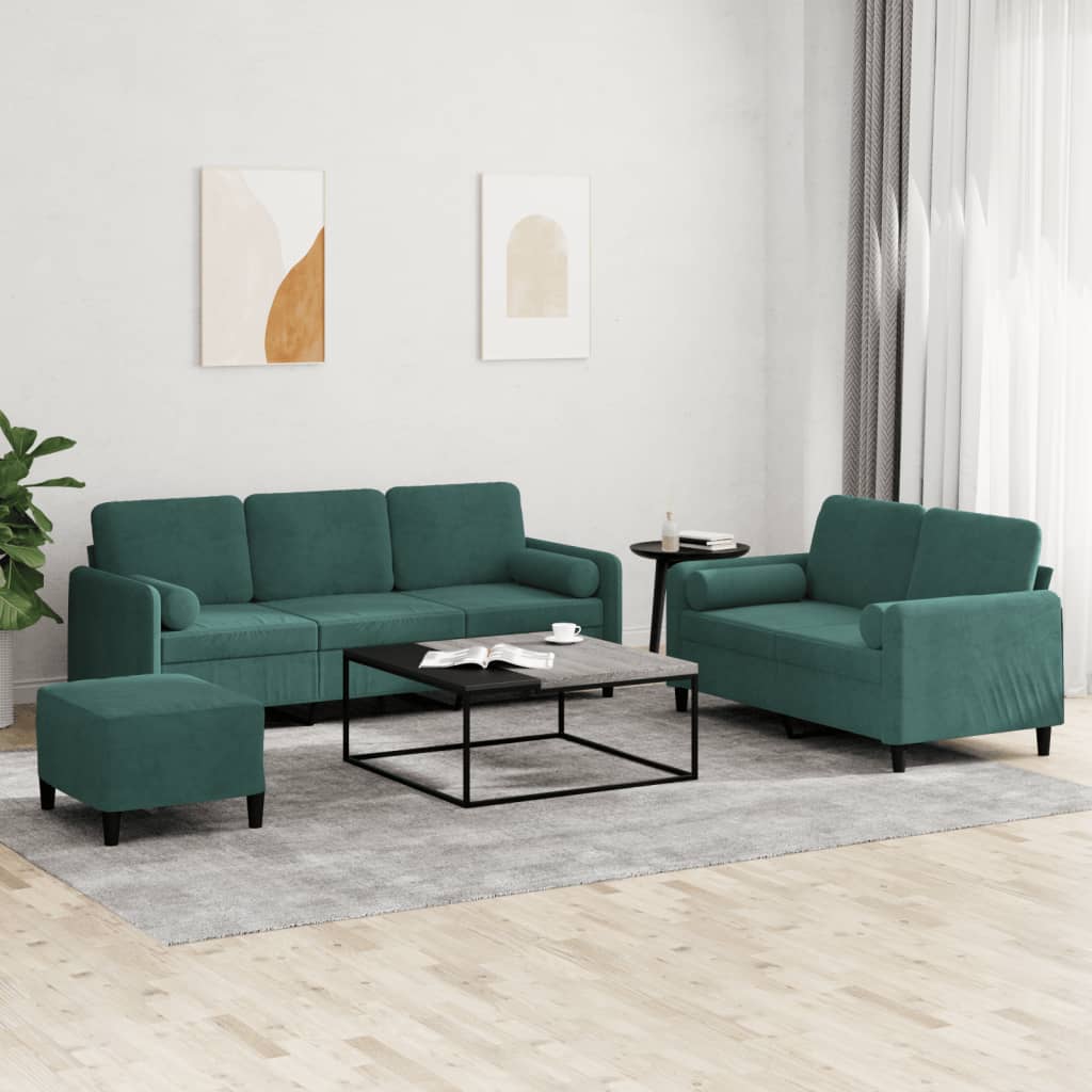 Set Di Divani 3 Pz Con Cuscini Verde Scuro In Velluto