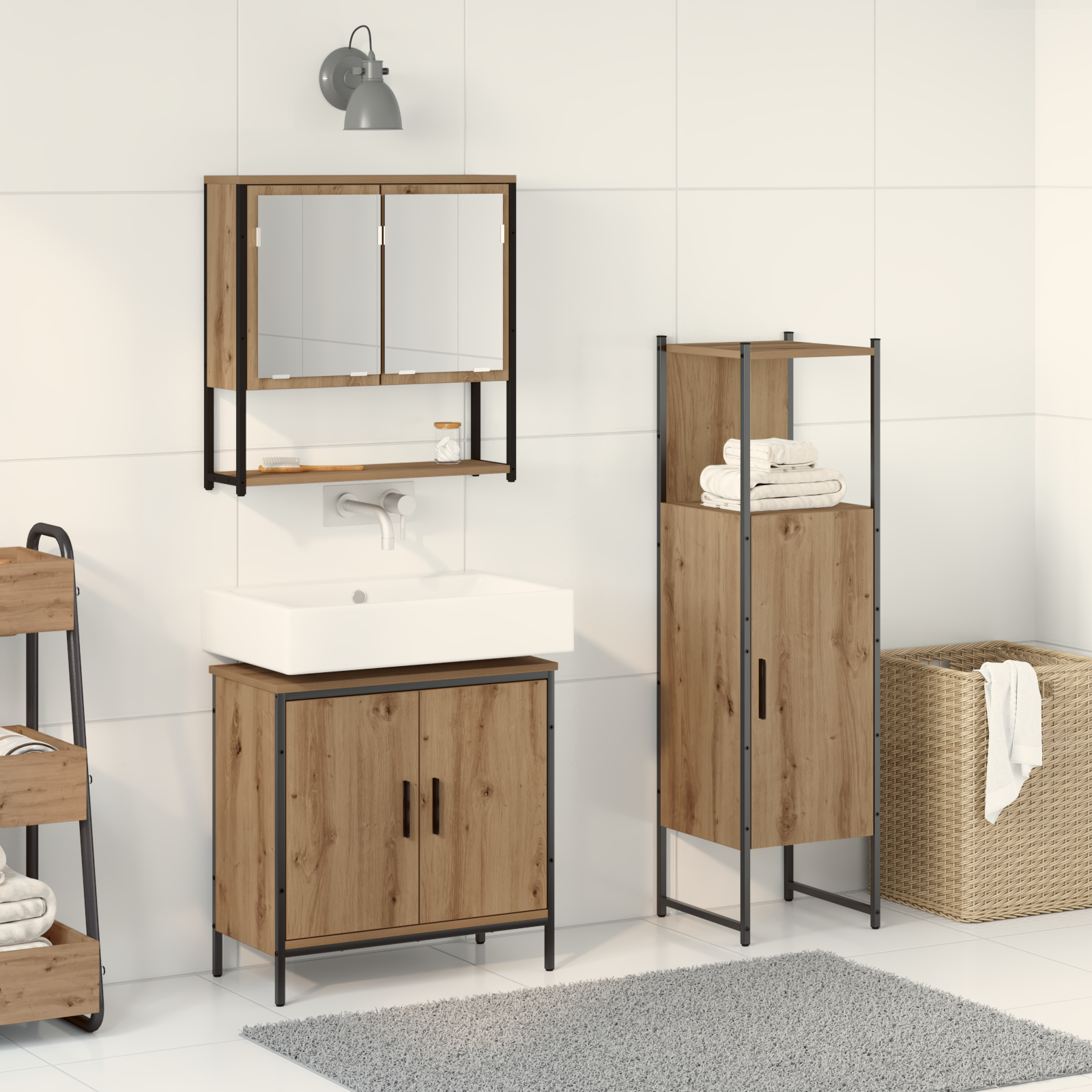 Set Di Arredamento Bagno In 3 Pezzi Rovere Massello Legno Ingegnerizzato