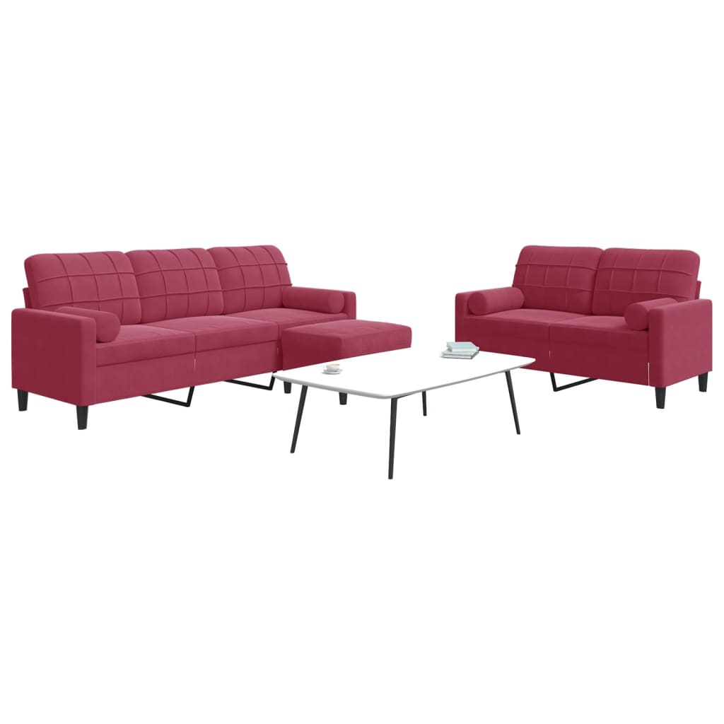 Set Di Divani 3 Pz Con Cuscini E Rinforzi Rosso Vino In Velluto