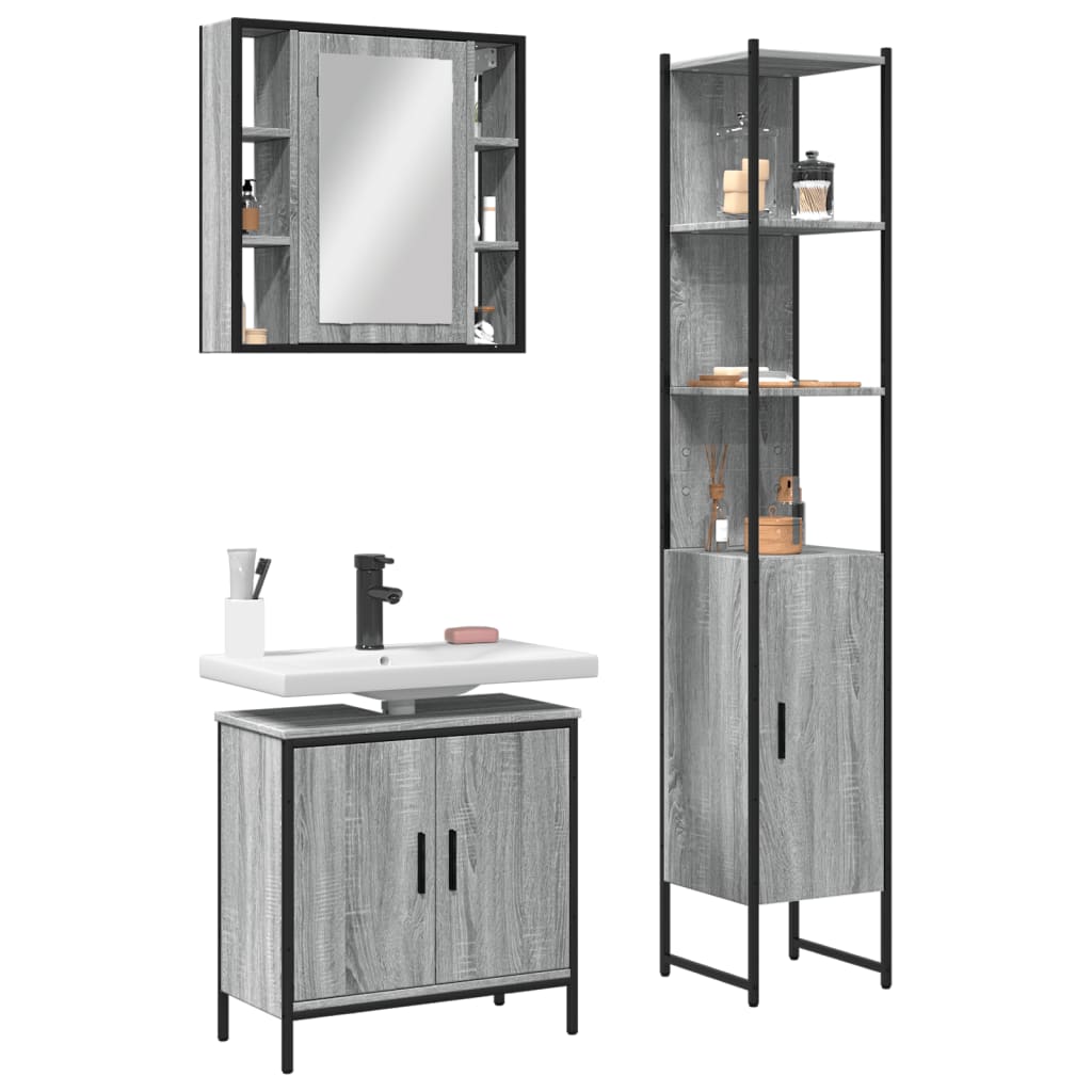 Set Mobili Da Bagno 3 Pz Grigio Sonoma In Legno Multistrato
