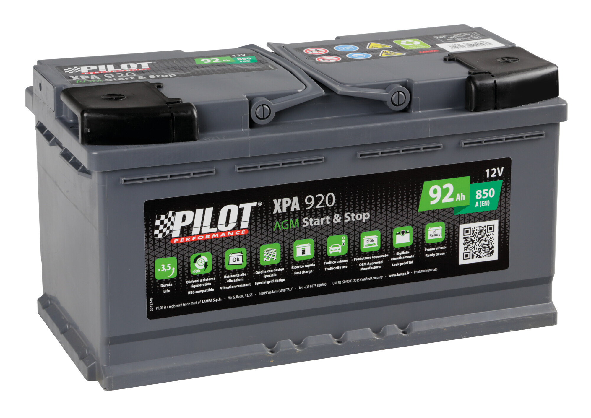 Batteria 12v - Pilot StarT-Stop Agm - 92 Ah - 850 A - l5