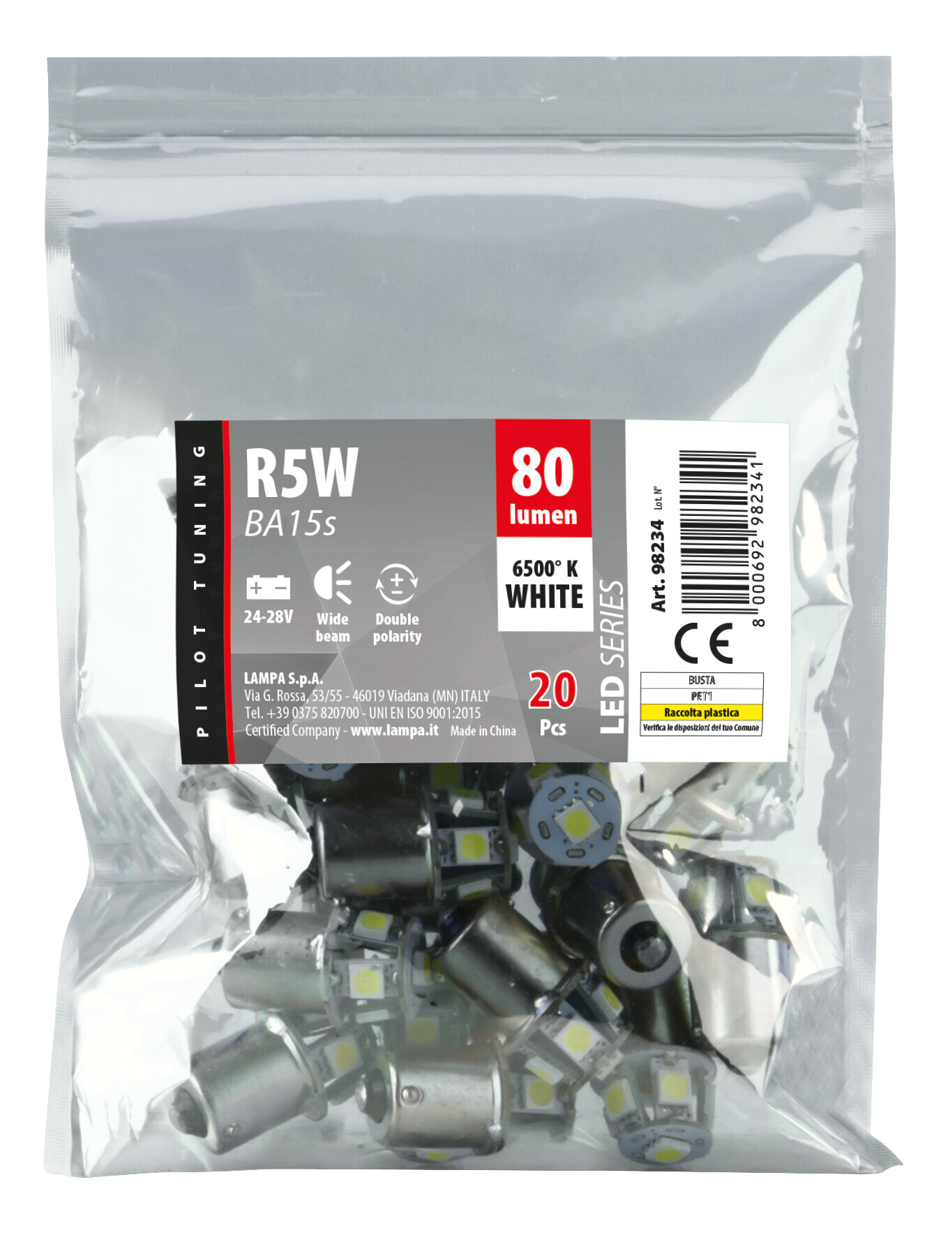 24/28v Led Series - 6 Smd X 3 Chips - (r5W-R10w) - Ba15s - 20 Pz  - Scatola - Bianco - Doppia Polarità
