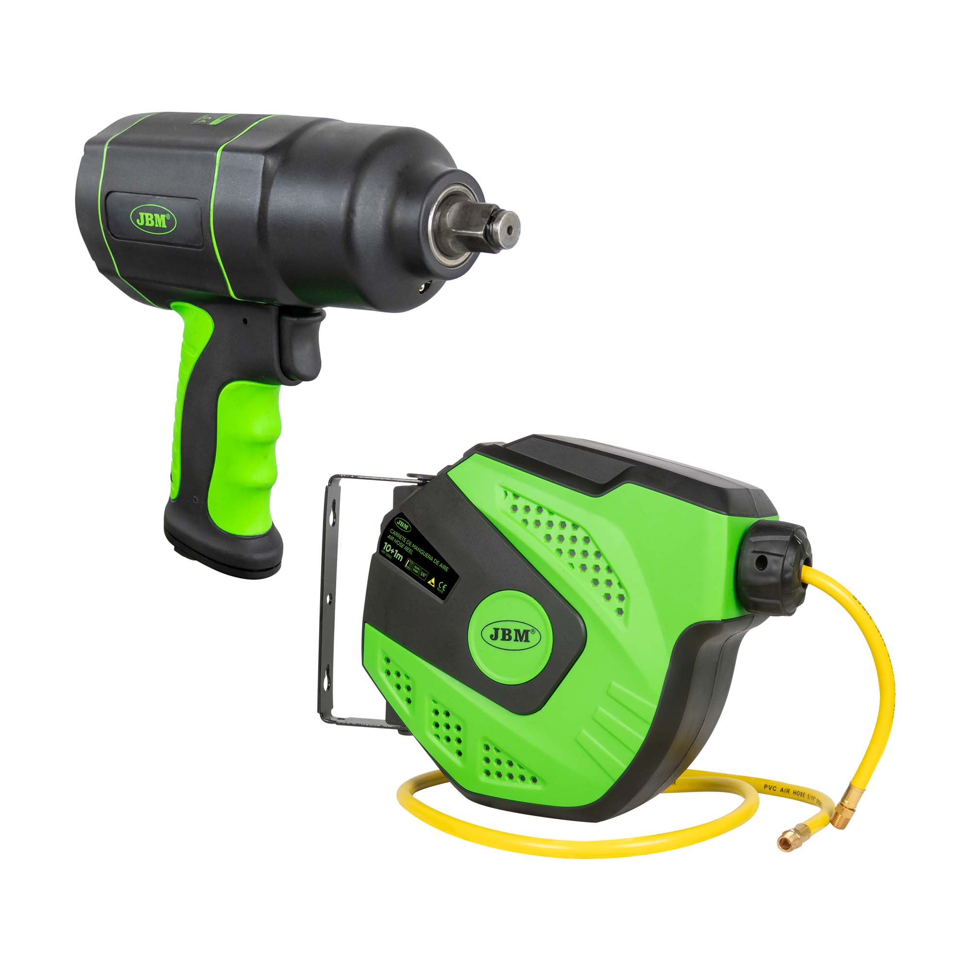 53608 Avvitatore Pneumatico Da 1/2" 1200nm + 53882 Avvolgitubo Aria Da 11m - Verde