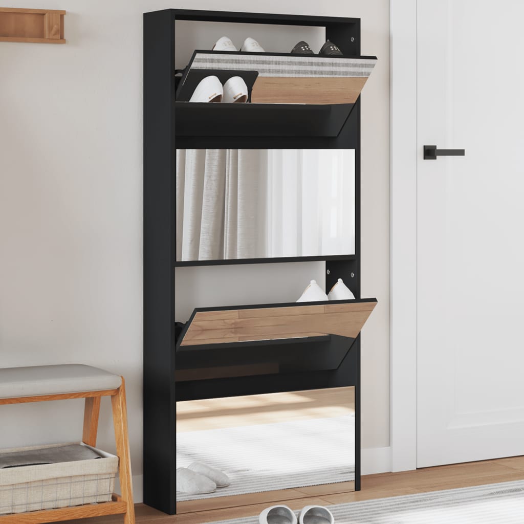 Scarpiera Con Specchio A 4 Livelli Nera 63x17x134 cm