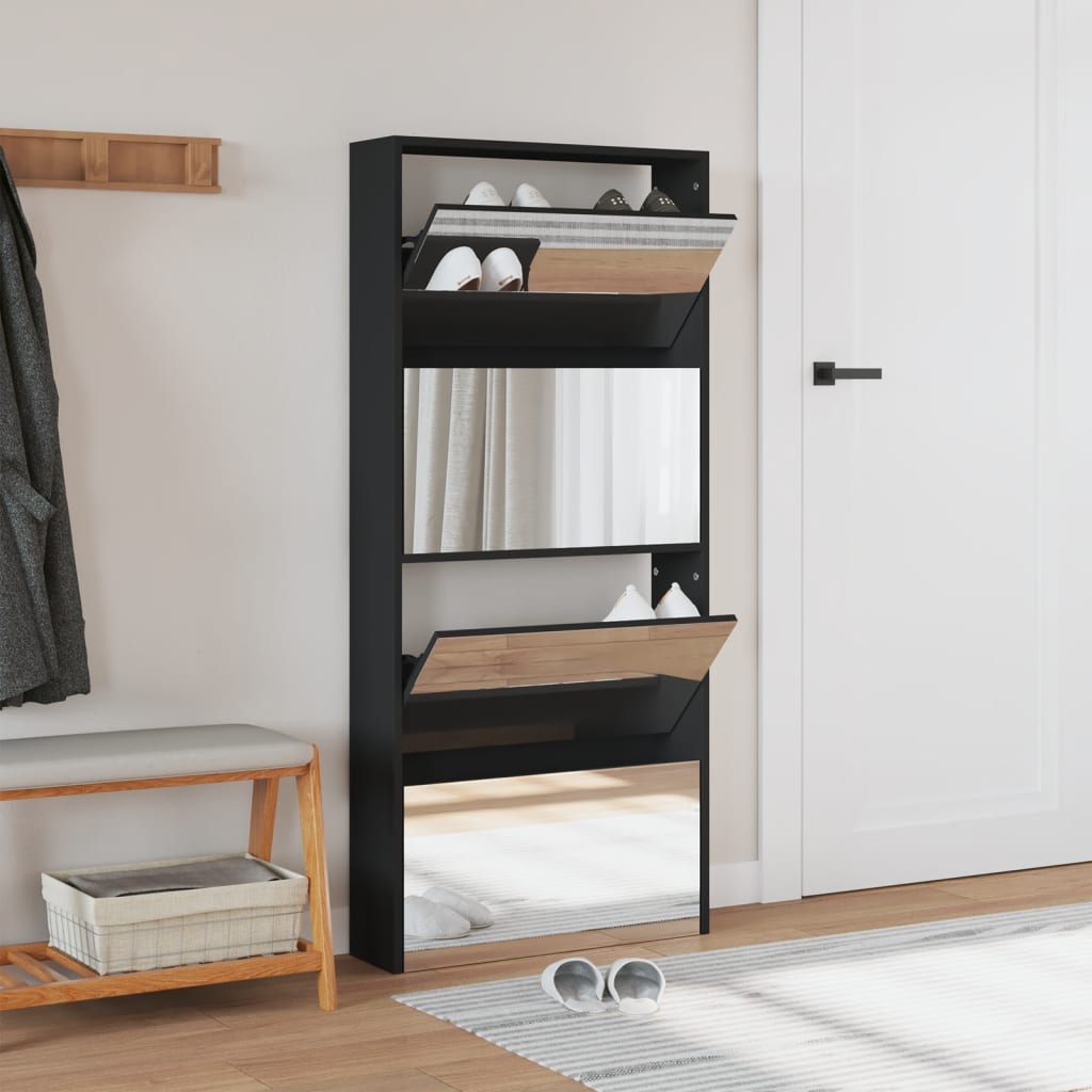 Scarpiera Con Specchio A 4 Livelli Nera 63x17x134 cm - Image 3