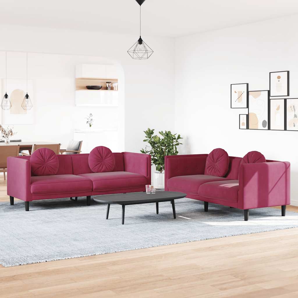 Set Di Divani 2 Pz Con Cuscini Rosso Vino In Velluto