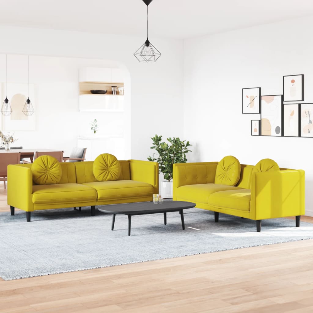 Set Di Divani 2 Pz Con Cuscini Giallo In Velluto