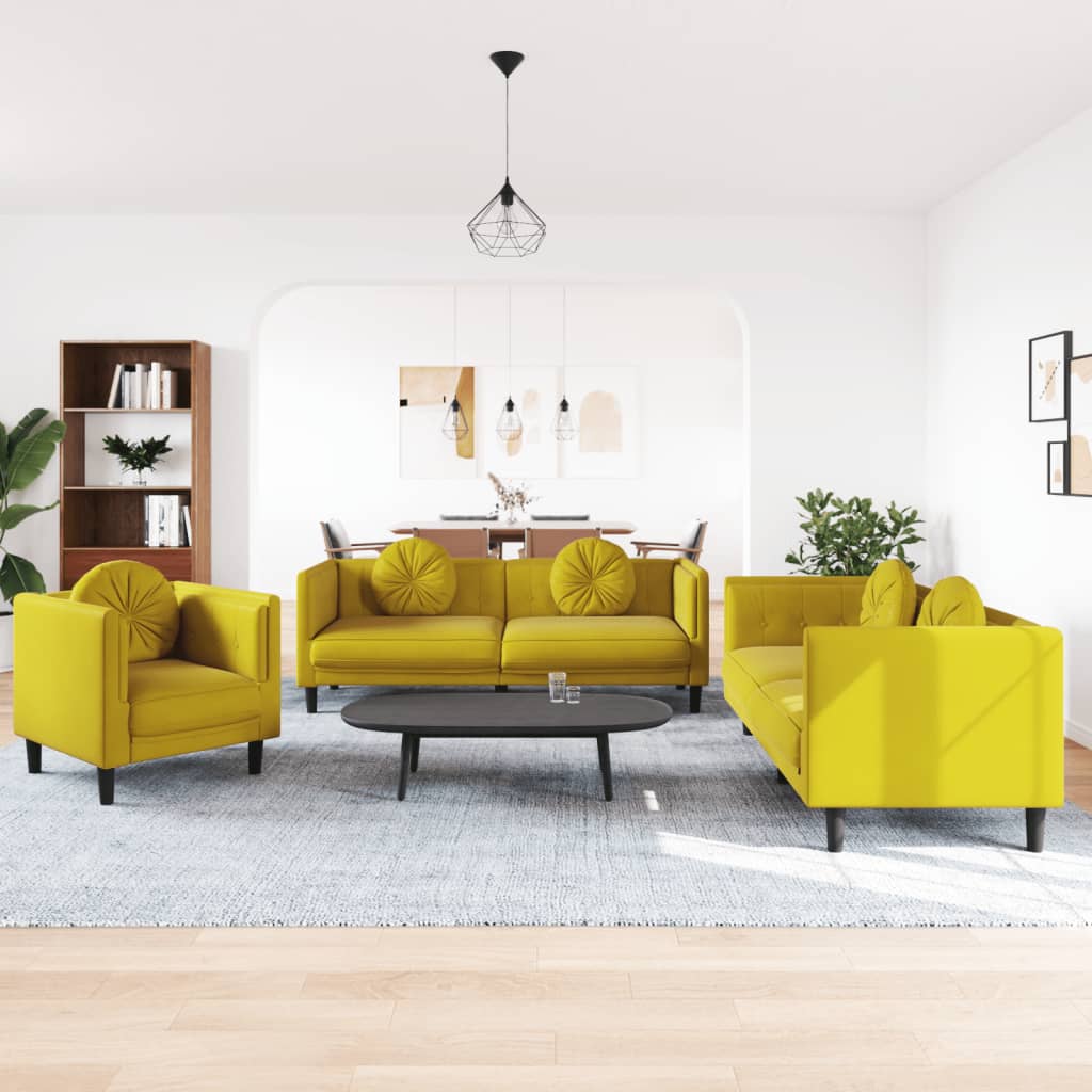 Set Di Divani 3 Pz Con Cuscini Giallo In Velluto