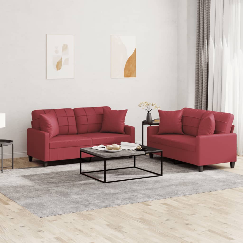Set Di Divani 2 Pz Con Cuscini Rosso Vino In Similpelle