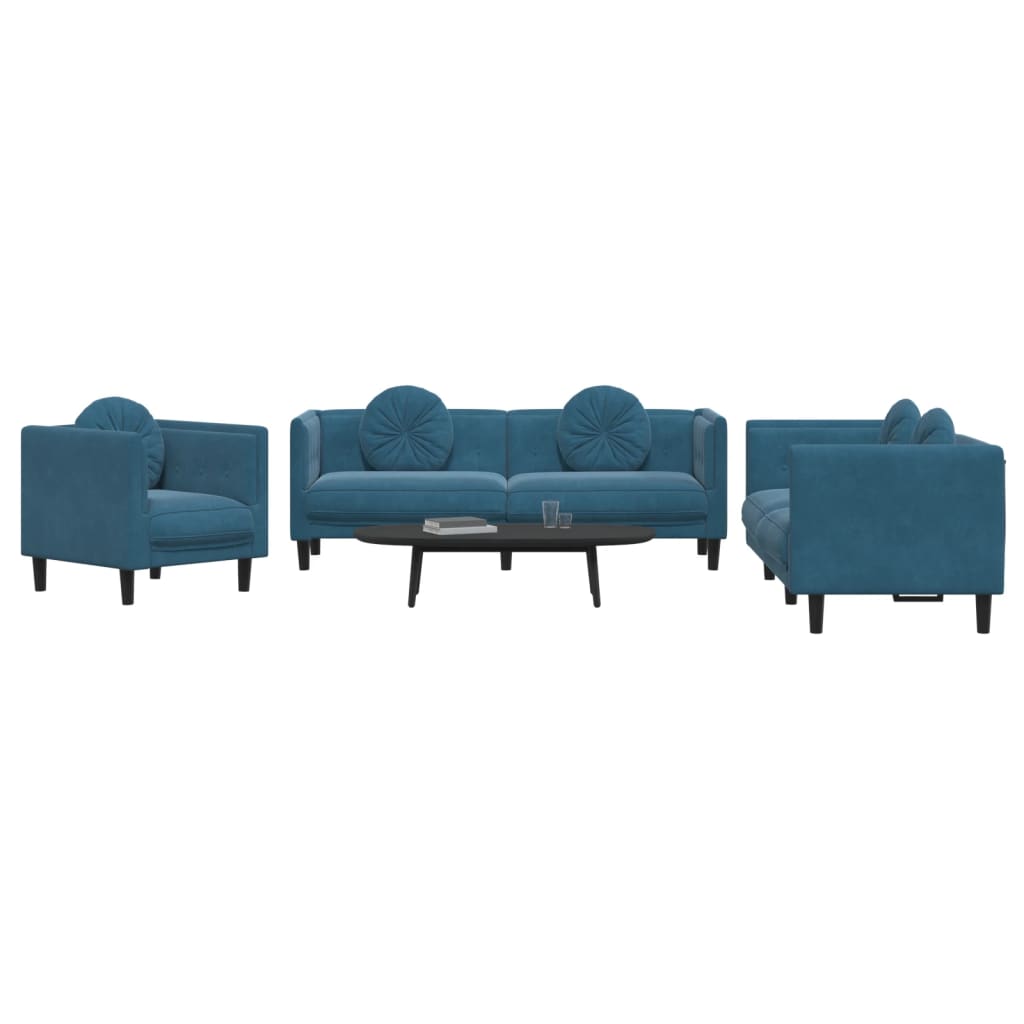 Set Di Divani 3 Pz Con Cuscini Blu In Velluto - Image 3