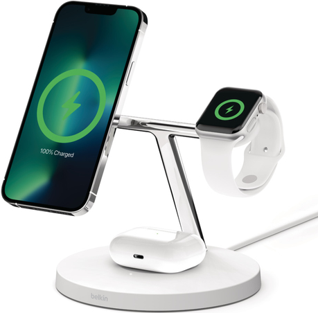 Belkin Boostcharge Pro - Kabelloses Ladegerät - Mit Magsafe + AC-Netzteil - 15 Watt - Fast Charge - Weiß - Für Apple Airpods, Airpods Pro, Iphone 12,