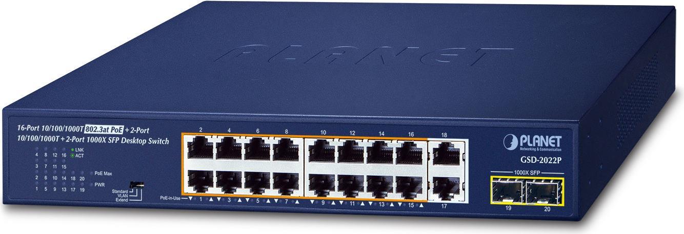 Planet GsD-2022p - Switch - Unmanaged - 16 X 10/100/1000 (poe+) + 2 X 10/100/1000 + 2 X 1000basE-X Sfp - Desktop - Poe+ (185 W) (gsD-2022p)