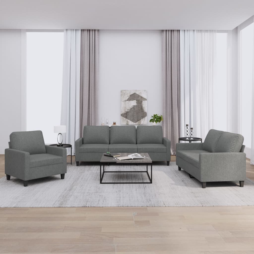 Set Di Divani 3 Pz Con Cuscini Grigio Scuro In Tessuto