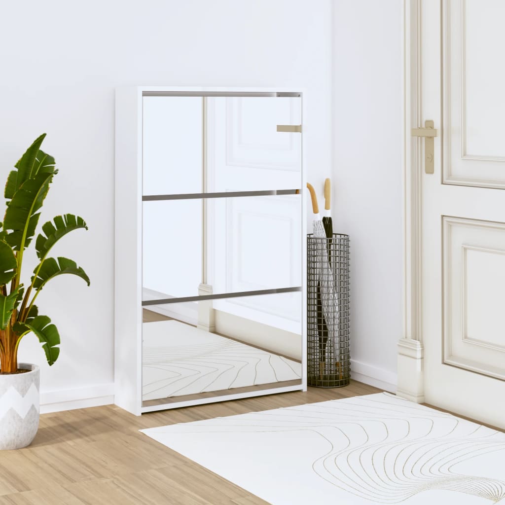 Scarpiera Con Specchio 3 Strati Bianco Lucido 63x17x102,5 cm
