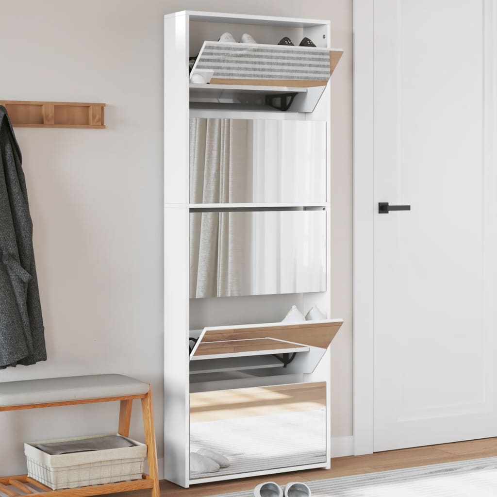 Scarpiera Con Specchio A 5 Livelli Bianco Lucido 63x17x169,5 cm
