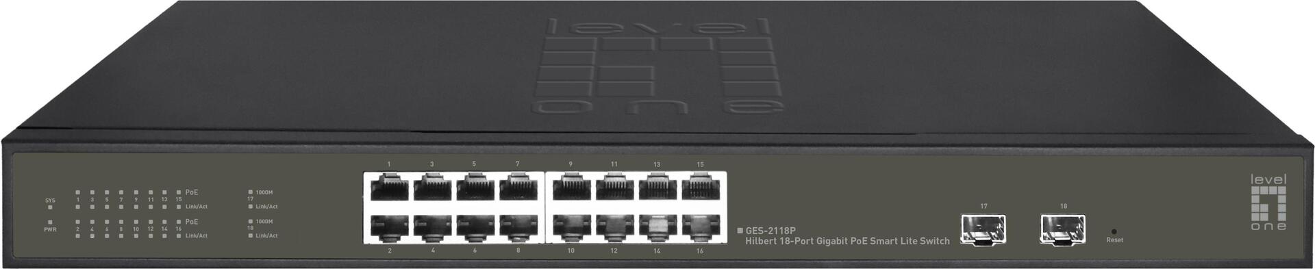 Levelone Hilbert 18-Port Gigabit Poe Smart Lite Switch - 16 Poe Ausgänge - 2 X Gigabit Sfp - 802.3at/af Poe - 230w PoE-Leistungsbudget (geS-2118p)