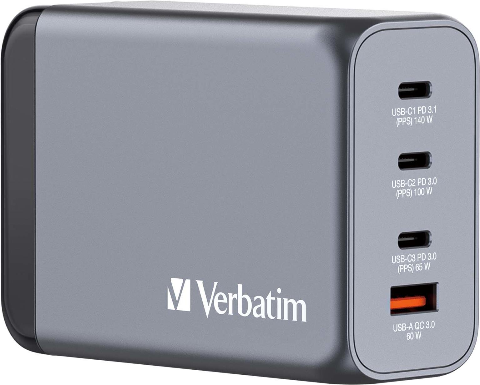 Verbatim - Netzteil - Gan - 240 Watt - 5 A - Power Delivery 3,1, Qc 3,0, Pd 3,0, Pd/pps - 4 Ausgabeanschlussstellen (3 X UsB-C, Usb Typ A) (32205)