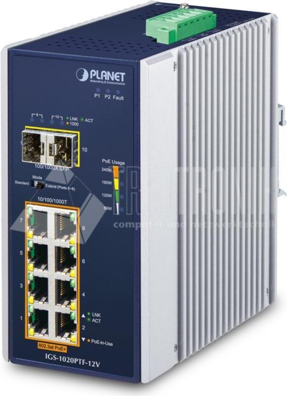 Planet IgS-1020ptF-12v - Switch - Unmanaged - 8 X 10/100/1000 (poe+) + 2 X Gigabit Sfp - An DiN-Schiene Montierbar, Wandmontierbar - Poe+ (240 W) - G