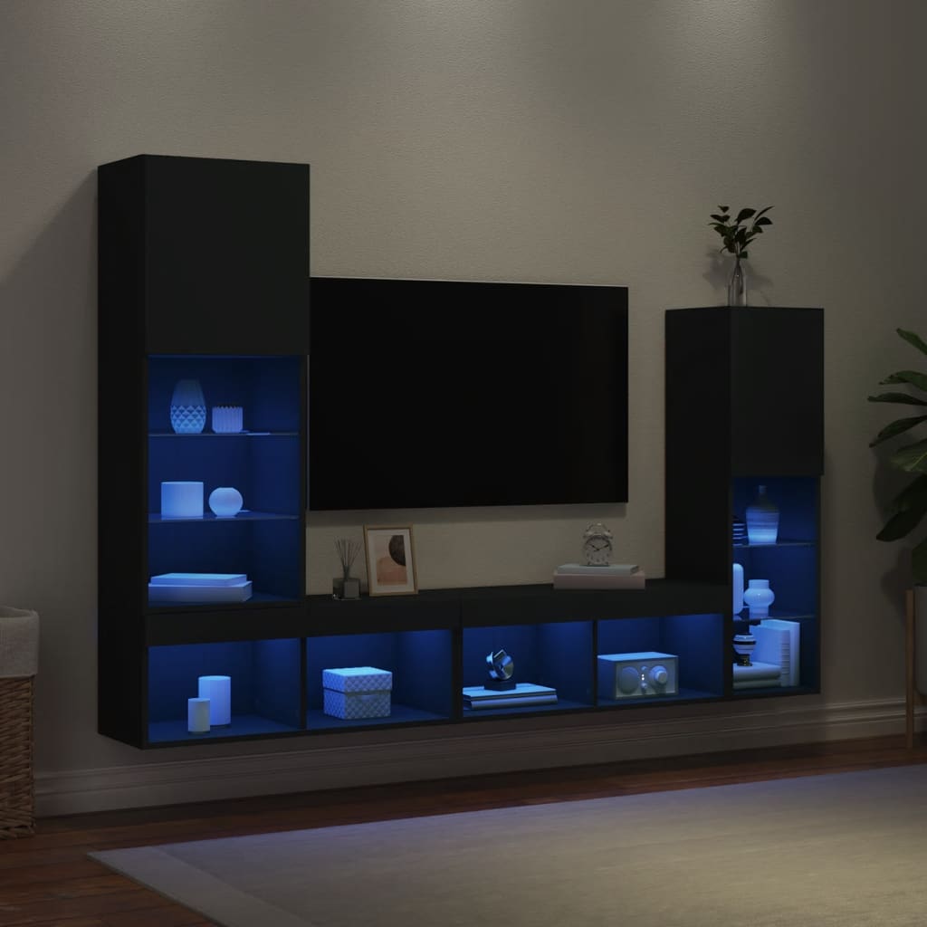 vidaXL Unités murales TV avec LED 4 pcs noir bois d'ingénierie