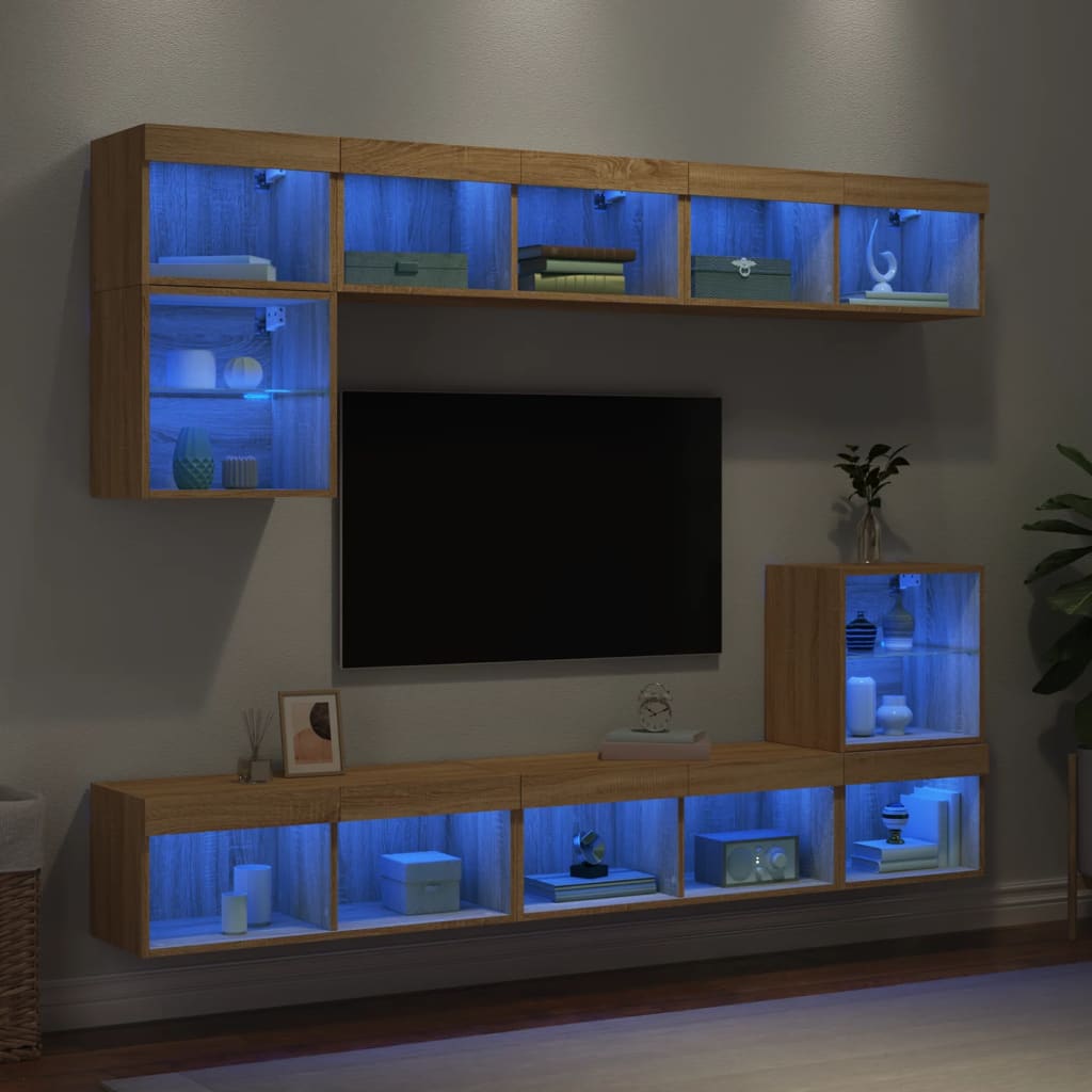 vidaXL Unités murales TV avec LED 8 pcs chêne sonoma bois d'ingénierie