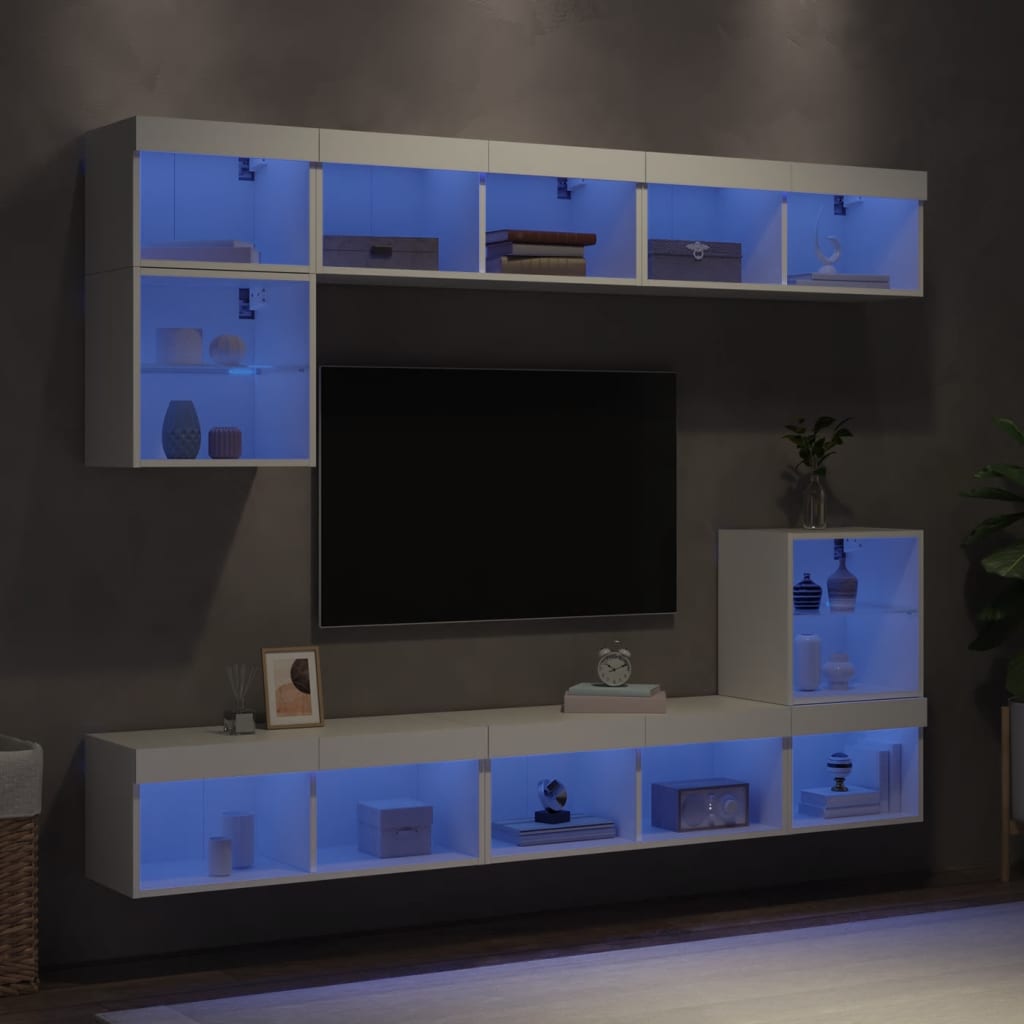 vidaXL Unités murales TV avec LED 8 pcs blanc bois d'ingénierie