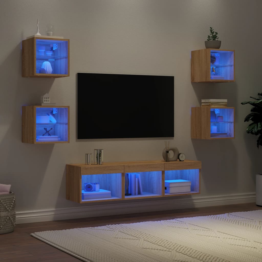 vidaXL Unités murales TV avec LED 7 pcs chêne sonoma bois d'ingénierie