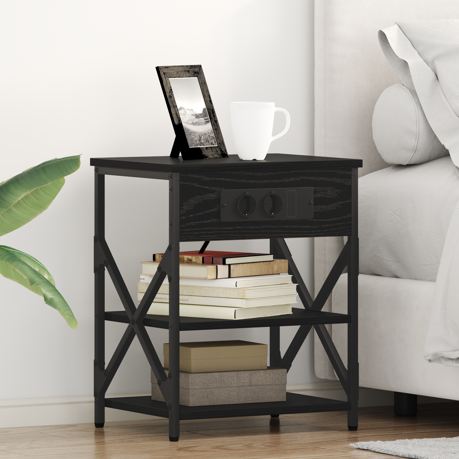 vidaXL Table de nuit avec station de chargement 2 pcs Chêne noir
