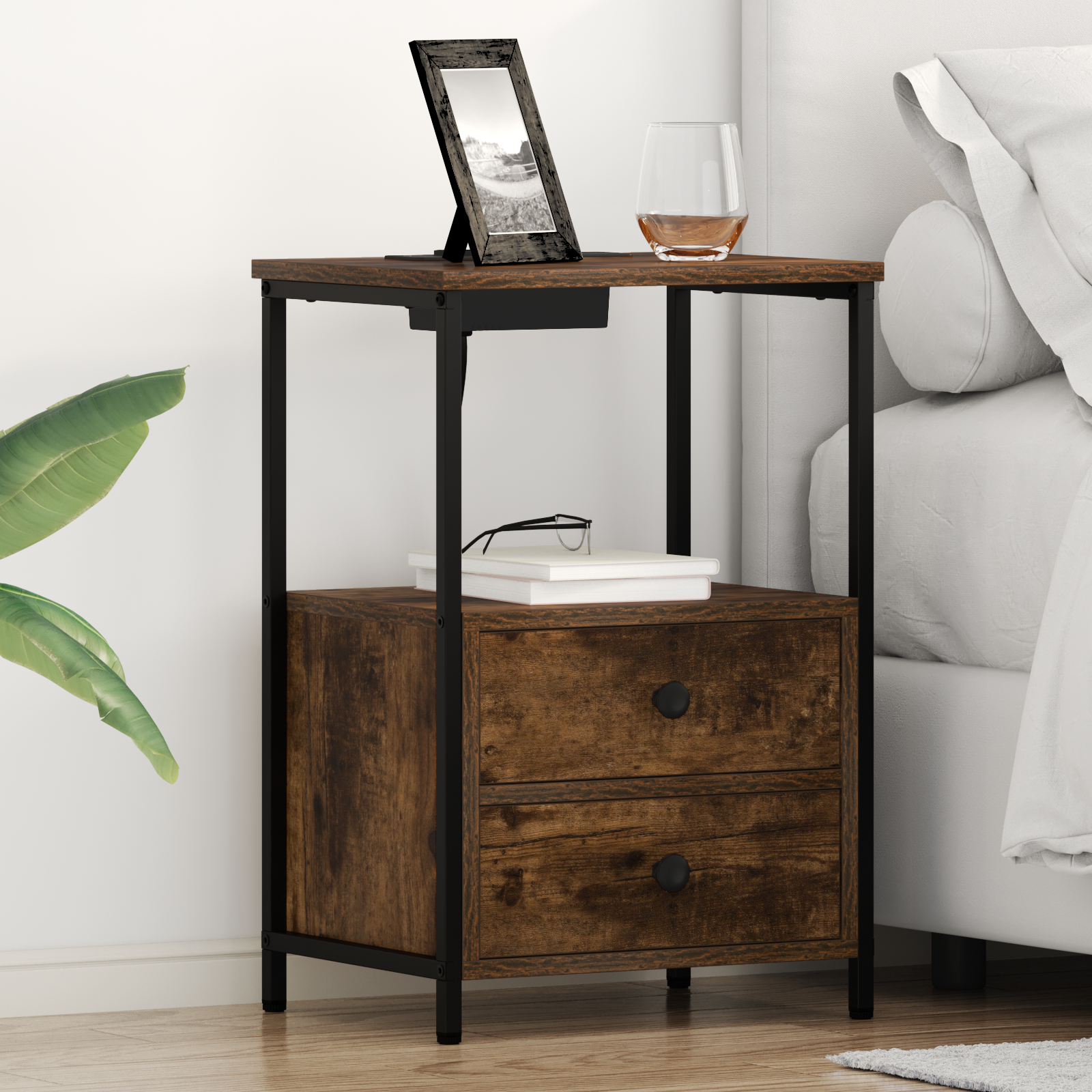 vidaXL Table de nuit avec station de chargement 2 pcs Chêne fumé
