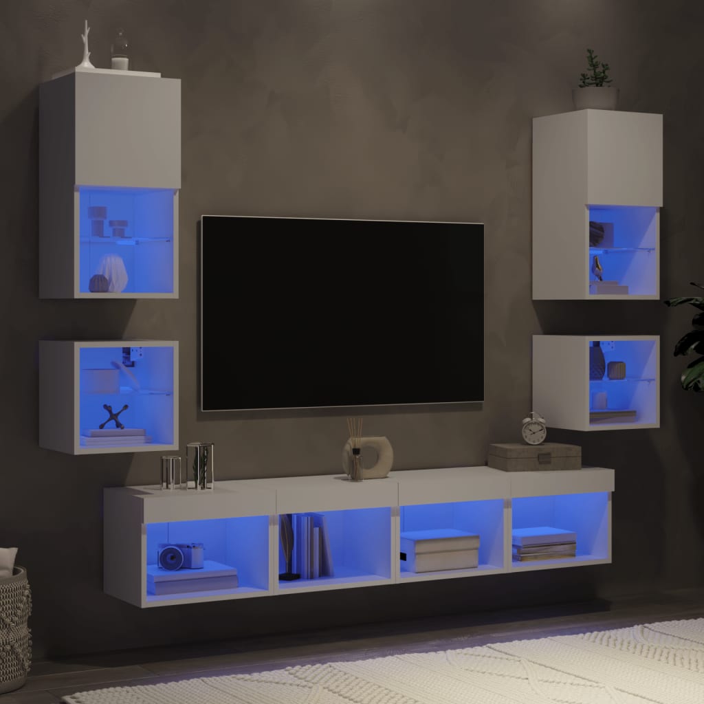 vidaXL Unités murales TV avec LED 8 pcs blanc bois d'ingénierie