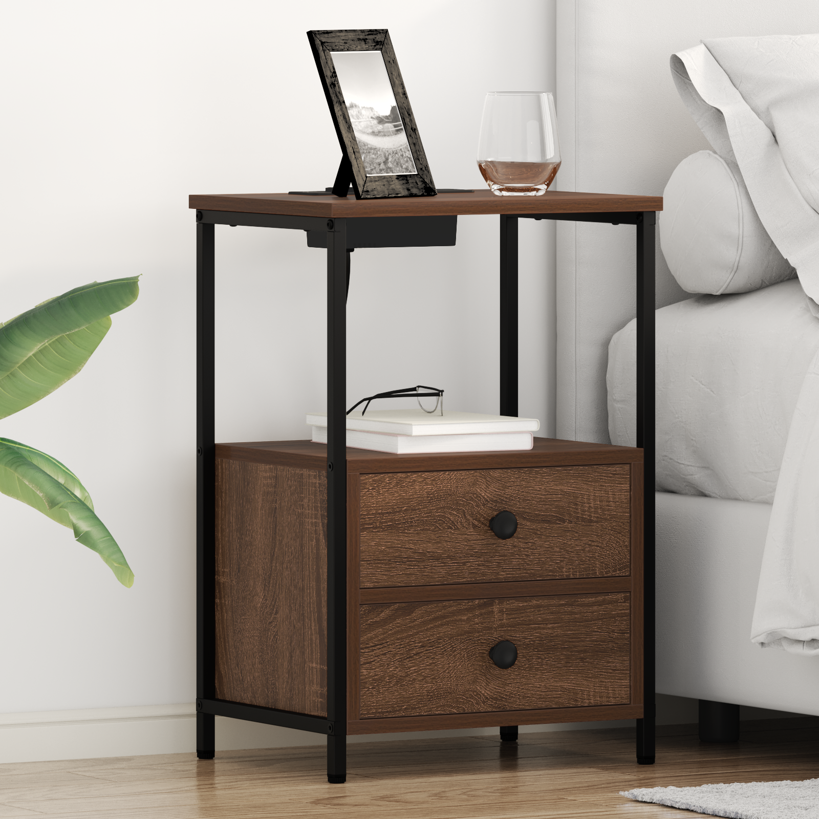 vidaXL Table de nuit avec station de chargement 2 pcs Chêne marron