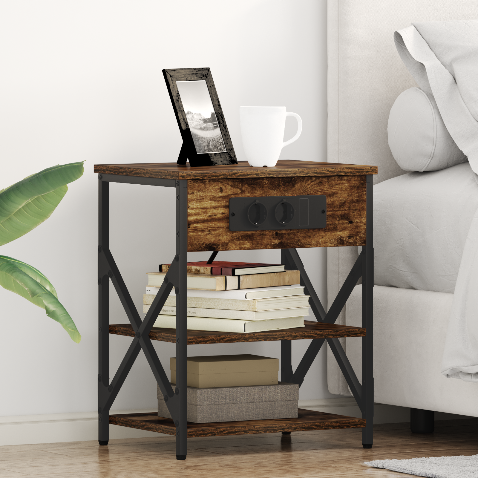 vidaXL Table de nuit avec station de chargement 2 pcs Chêne fumé
